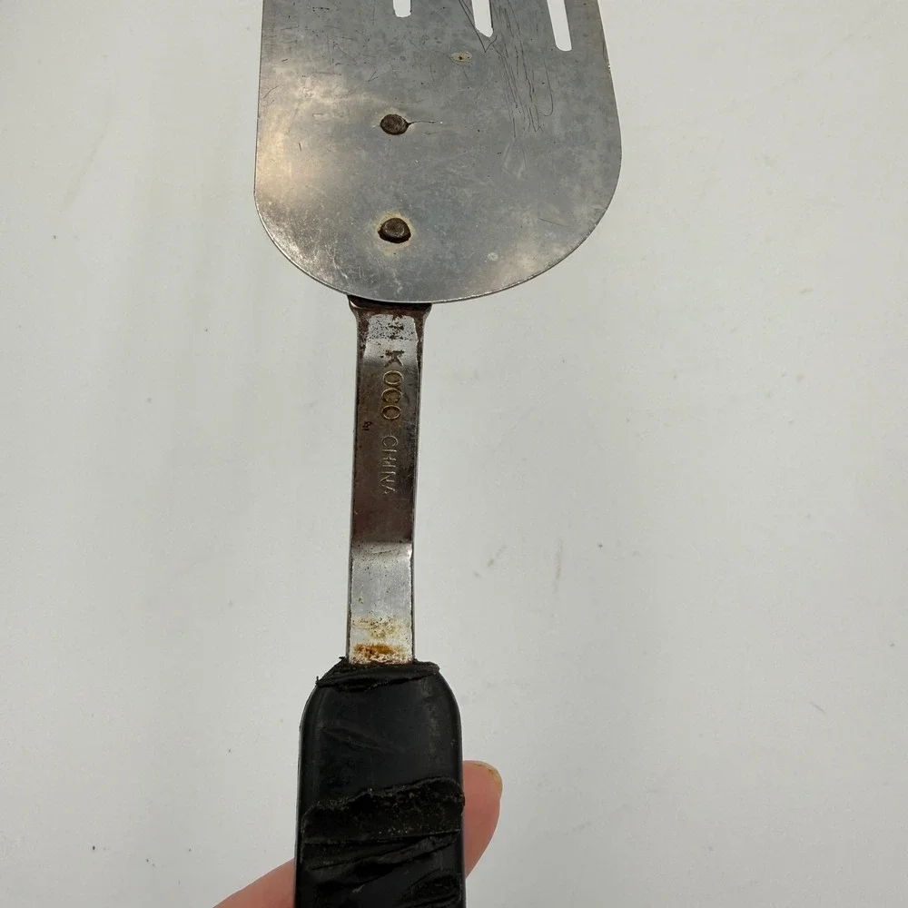 Vintage Koco China Stainless Steel Slotted Spatula Turner Black Plastic Handle
